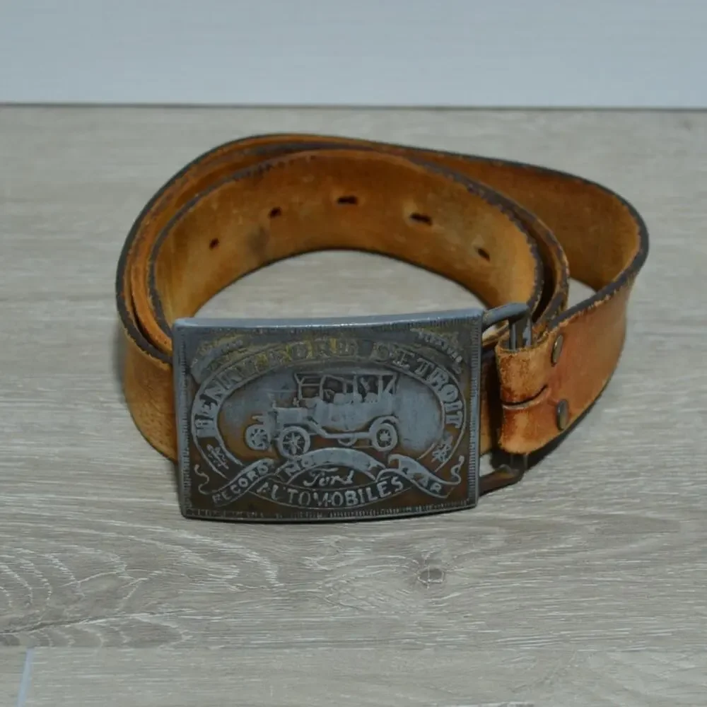 Henry Ford Vintage Brass Model T Belt Buckle with Embossed Leather Belt